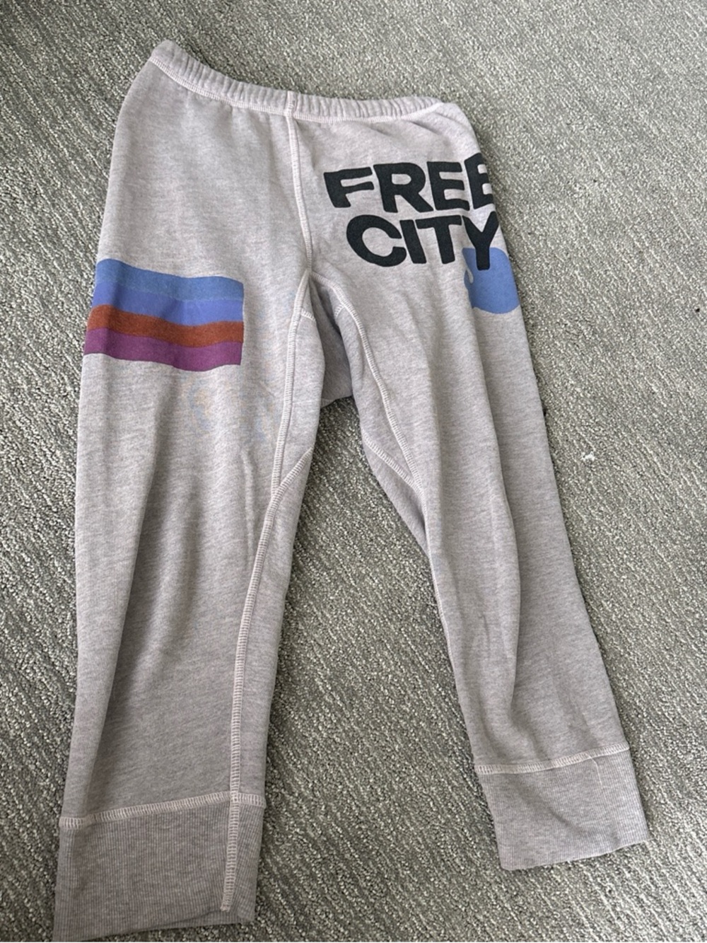 freecity Light Gray Sweatpants with Blue, Purple & Rust Stripes